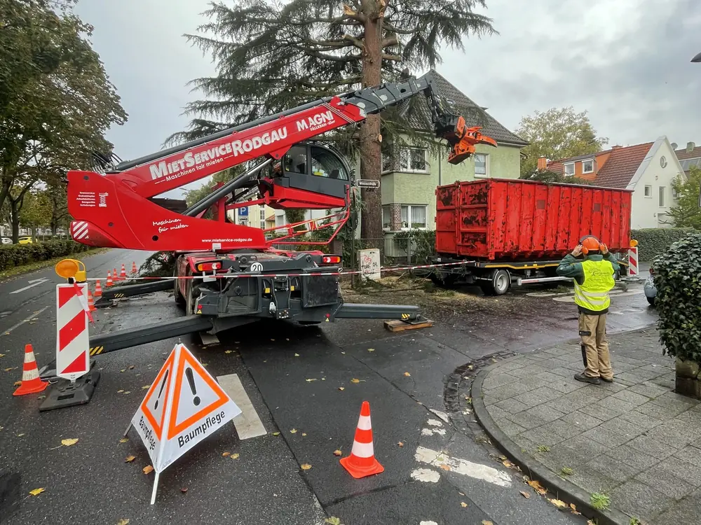 Abgesicherte Baustelle an einer Kreuzung mit Warnaufsteller Baumpflege und Leitkegeln