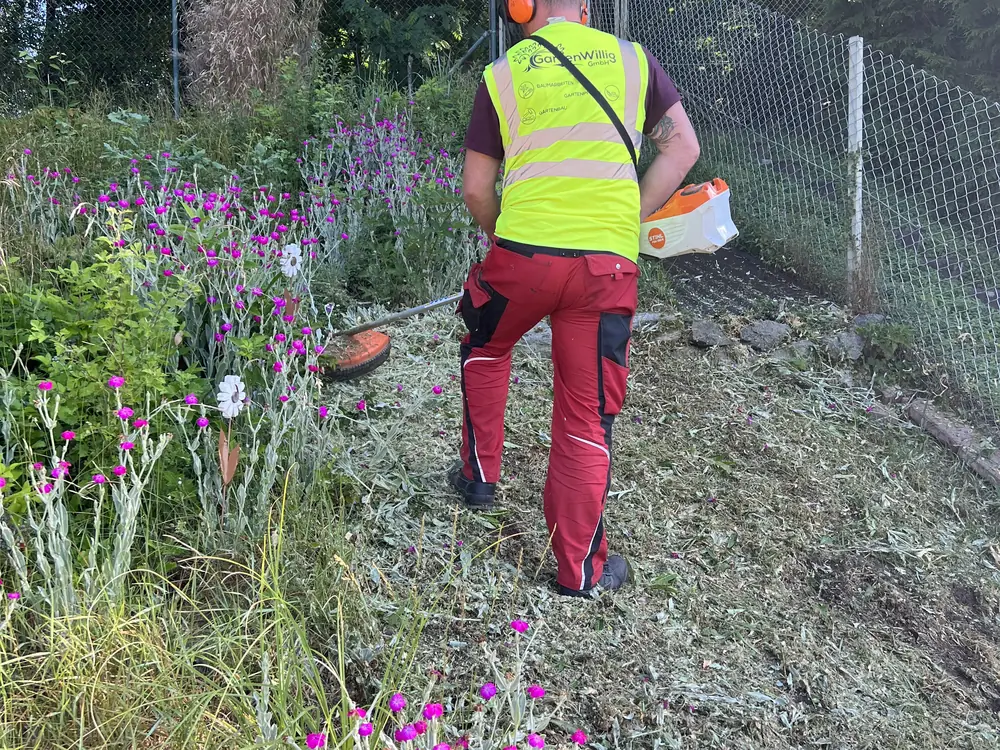 Mitarbeiter mit Freischneider mäht eine verwilderte Böschung